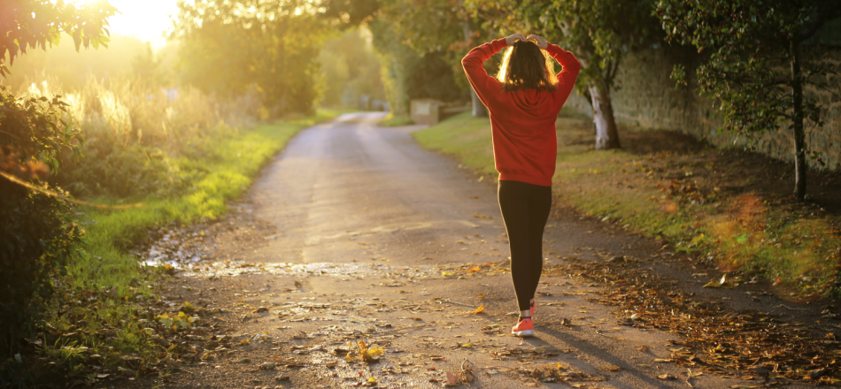 A woman walking with her back to the camera along a sunlit path lined with trees