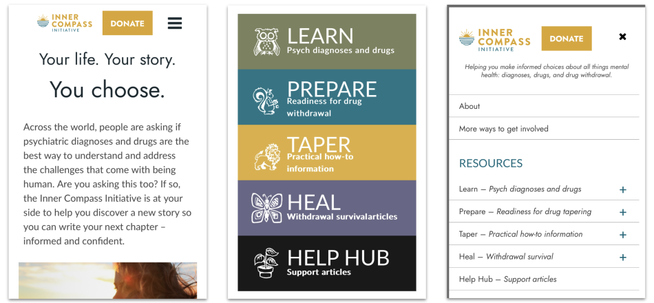 Images of the Inner Compass Initiative homepage on a mobile device